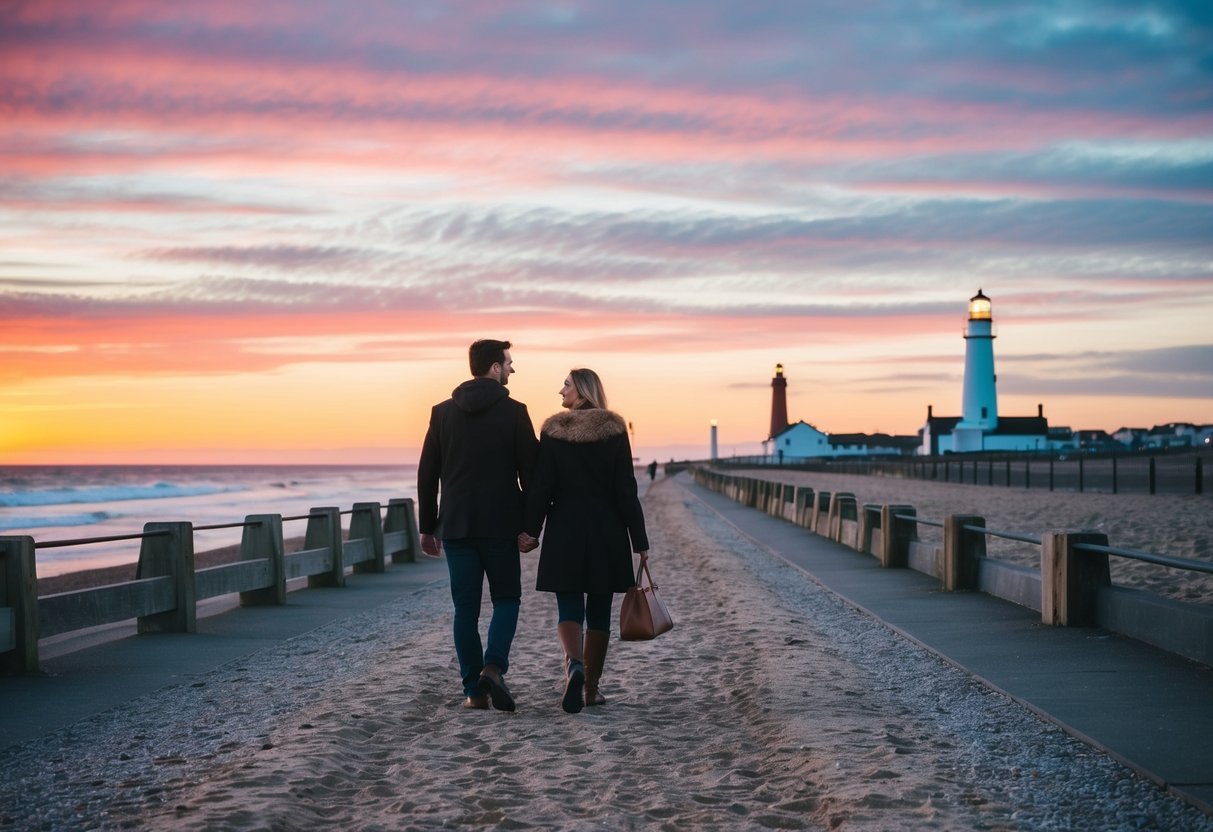 A couple walks along the picturesque Aberdeen beachfront at sunset, with colorful sky and distant lighthouse