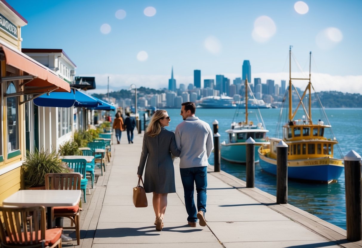 A couple strolls along Sausalito harbor, passing colorful boats and waterfront cafes, with the San Francisco skyline in the distance