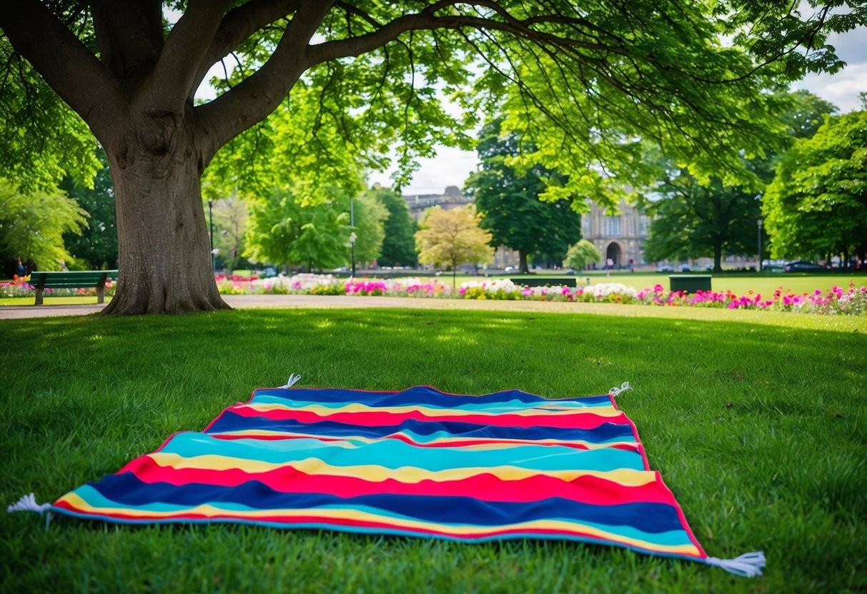 A colorful picnic blanket laid out under a shady tree, surrounded by lush greenery and blooming flowers at Duthie Park in Aberdeen