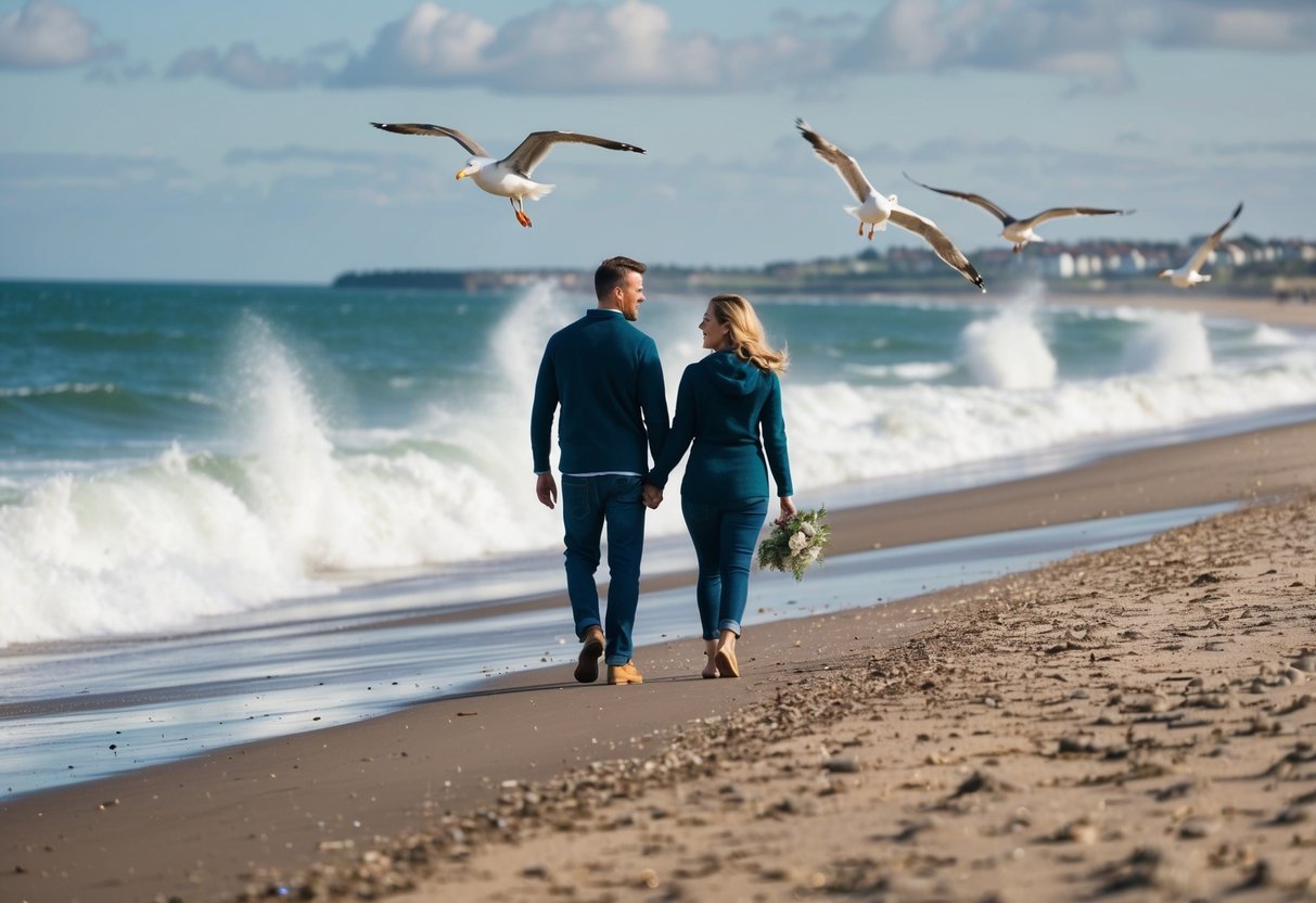 A couple walks along the sandy shore of Aberdeen Beach, with waves crashing in the background and seagulls flying overhead