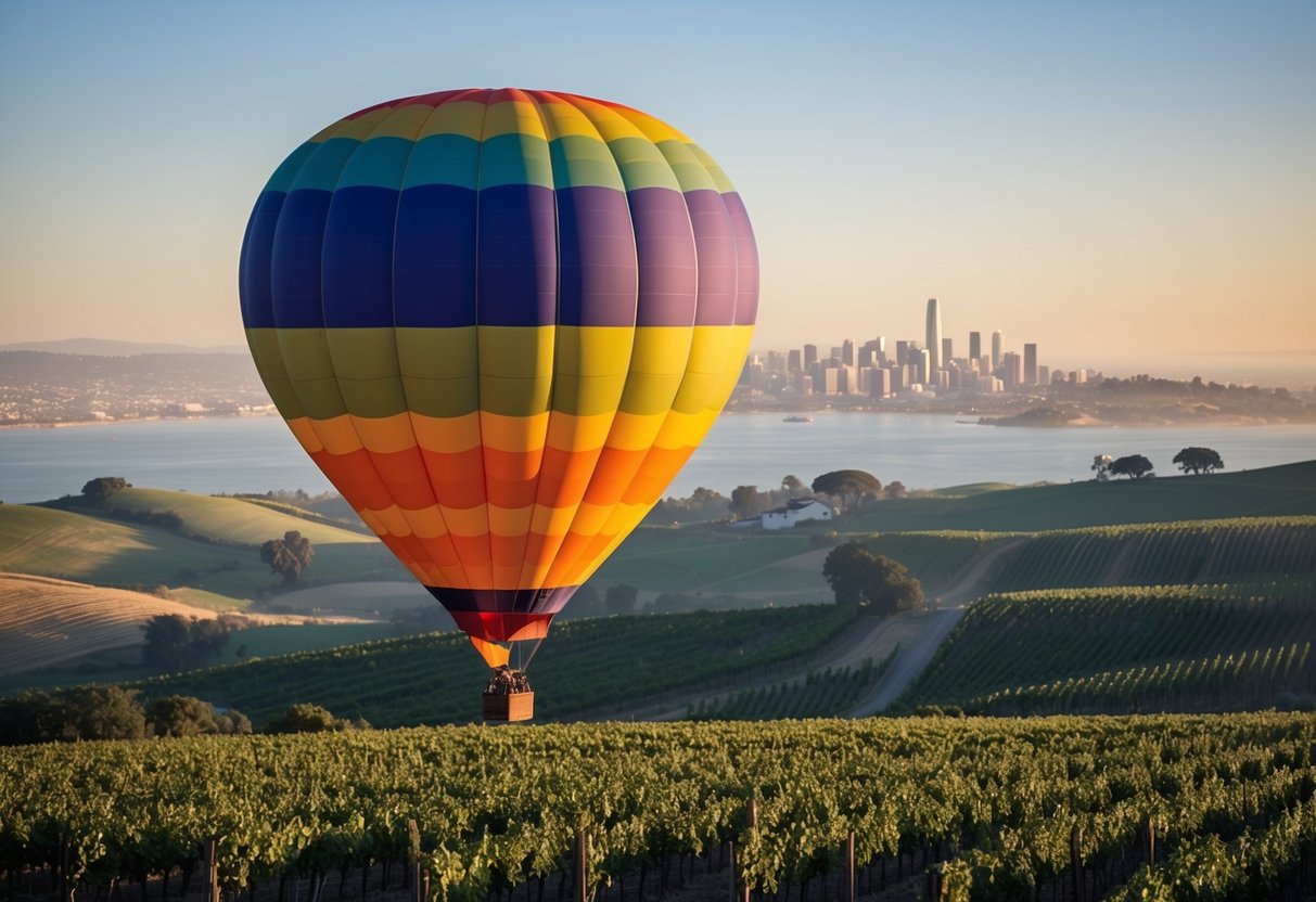 A colorful hot air balloon floats over rolling vineyards in Sonoma, with the bay area in the distance