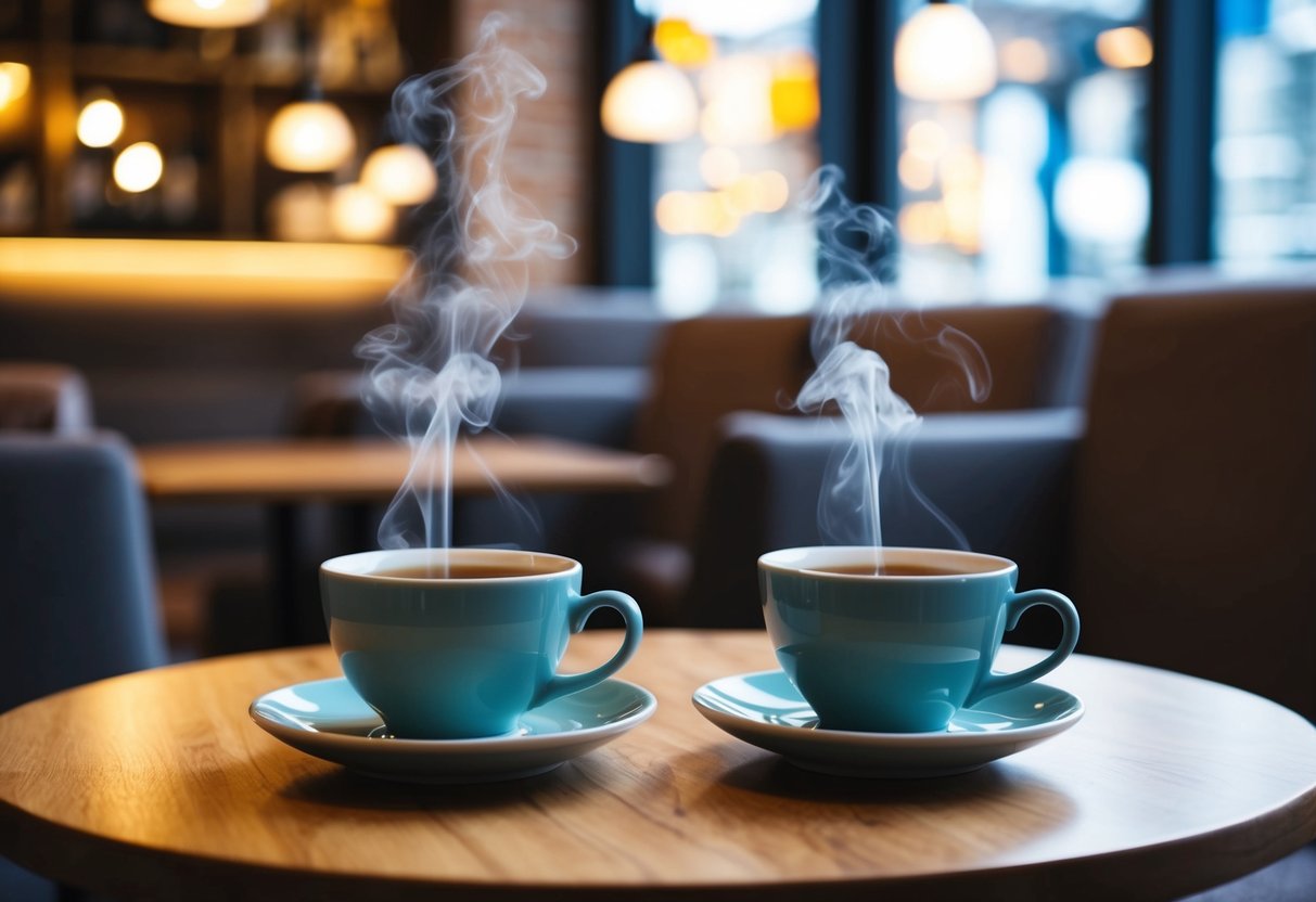 A cozy cafe with two steaming cups of tea on a wooden table, surrounded by soft lighting and comfortable seating