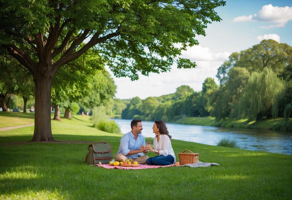 A couple picnicking under a tree in Seaton Park, surrounded by lush greenery and a tranquil river
