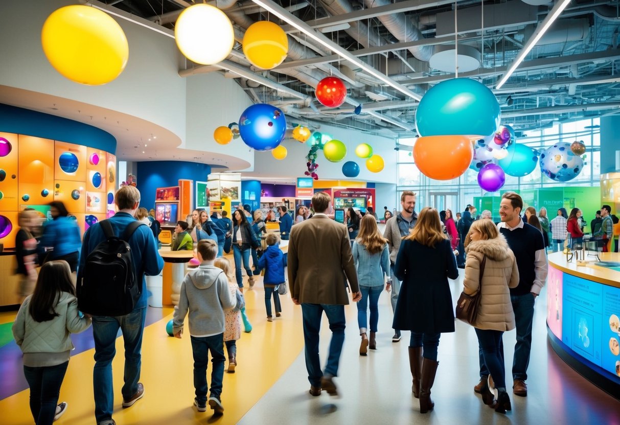 A bustling science center with interactive exhibits and colorful displays, filled with families and couples exploring and learning together