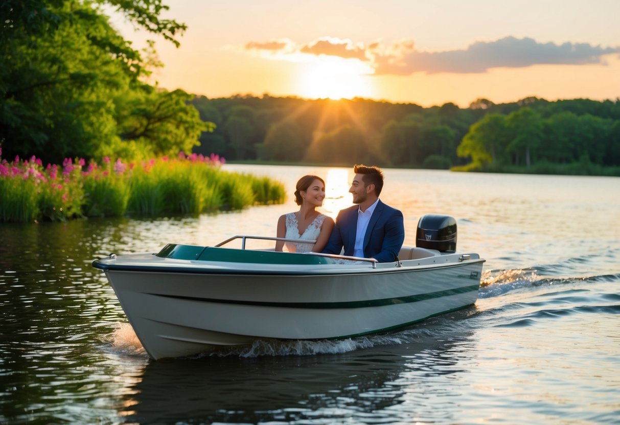 A couple enjoys a peaceful boat ride on a tranquil lake, surrounded by lush greenery and colorful flowers. The sun sets in the distance, casting a warm glow over the serene scene