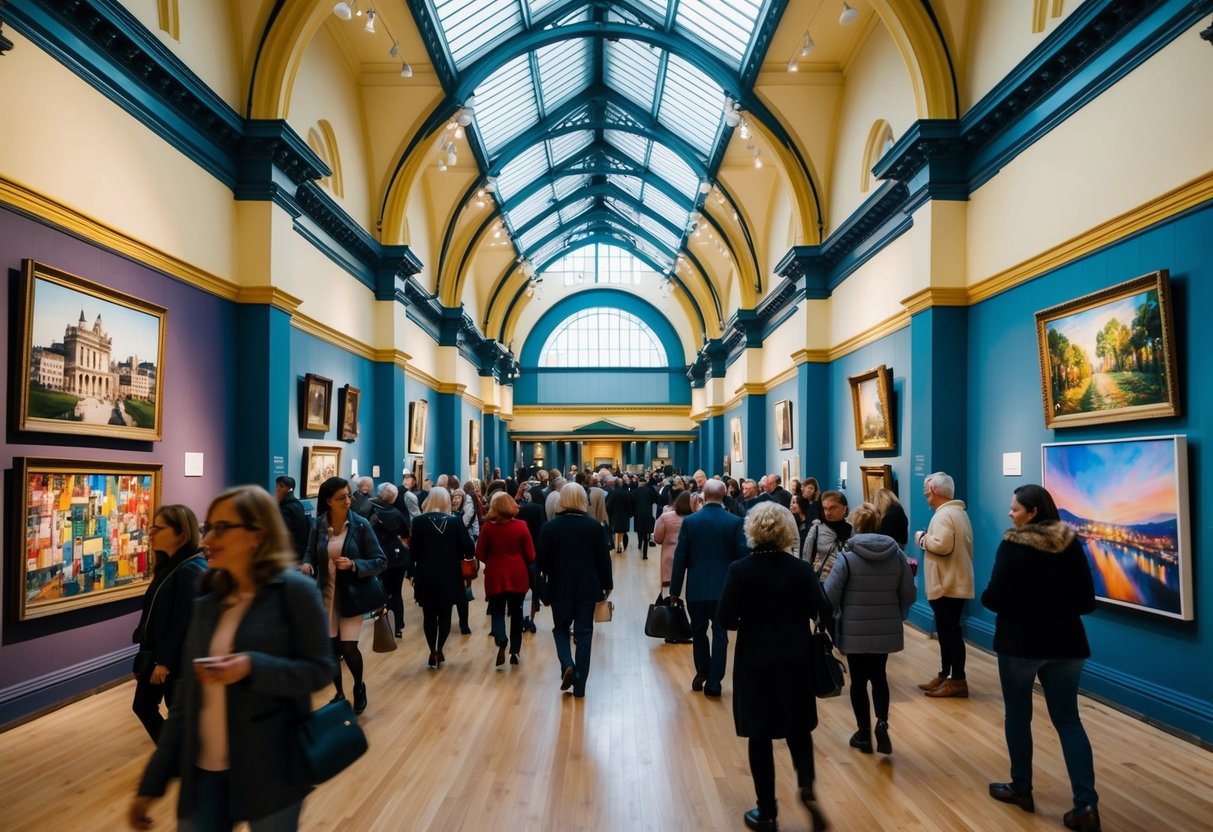 Aberdeen Art Gallery, bustling with visitors, displays a diverse collection of artwork from local and international artists. The grand architecture and vibrant colors create an inspiring atmosphere