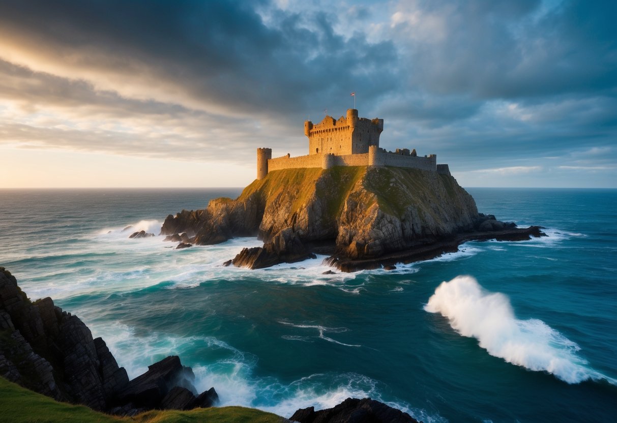 A rugged cliffside castle overlooks crashing waves and a rocky coastline, with a dramatic sky overhead