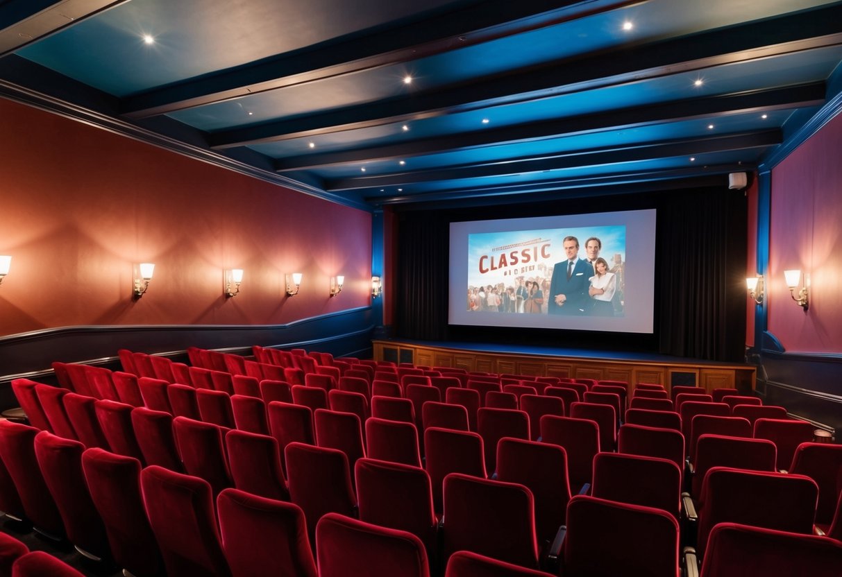 A cozy theater with dimmed lights, rows of red velvet seats, and a large screen displaying a classic movie