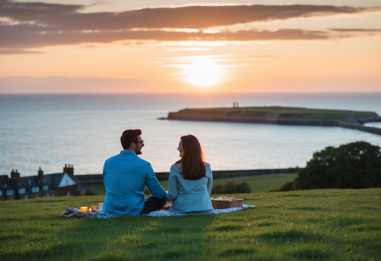 A couple sits on the grassy hill overlooking the North Sea at Torry Battery, enjoying a picnic and watching the sunset