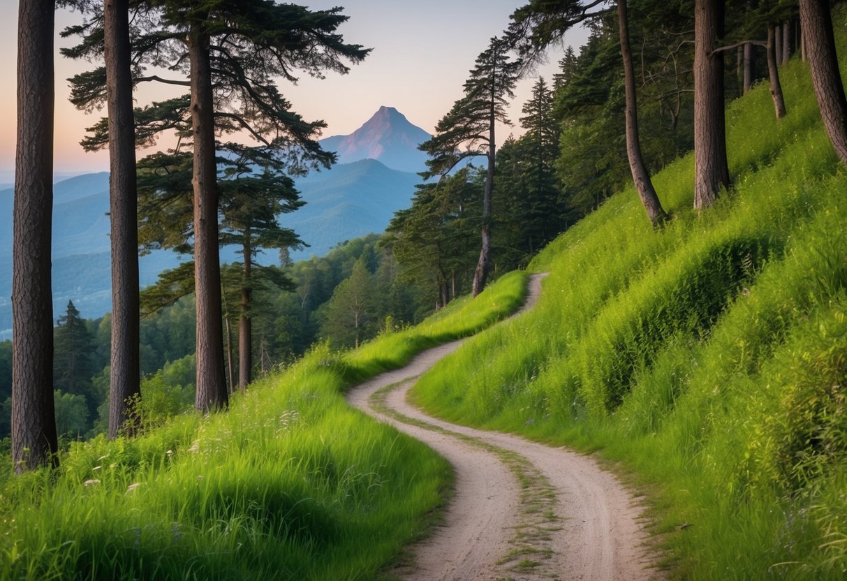 A: A serene landscape with a winding trail through lush greenery and towering trees, leading towards a distant mountain peak