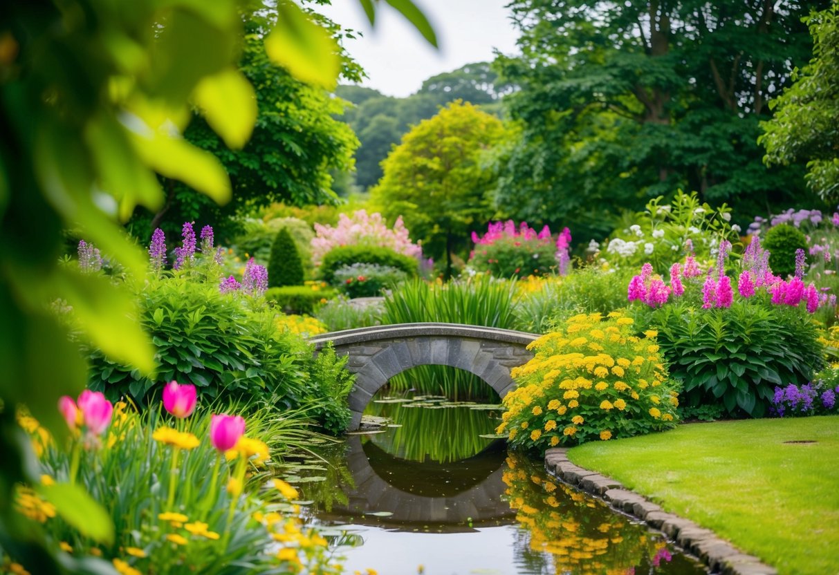 Lush greenery surrounds a tranquil pond with a stone bridge and vibrant flowers at Johnston Gardens in Aberdeen