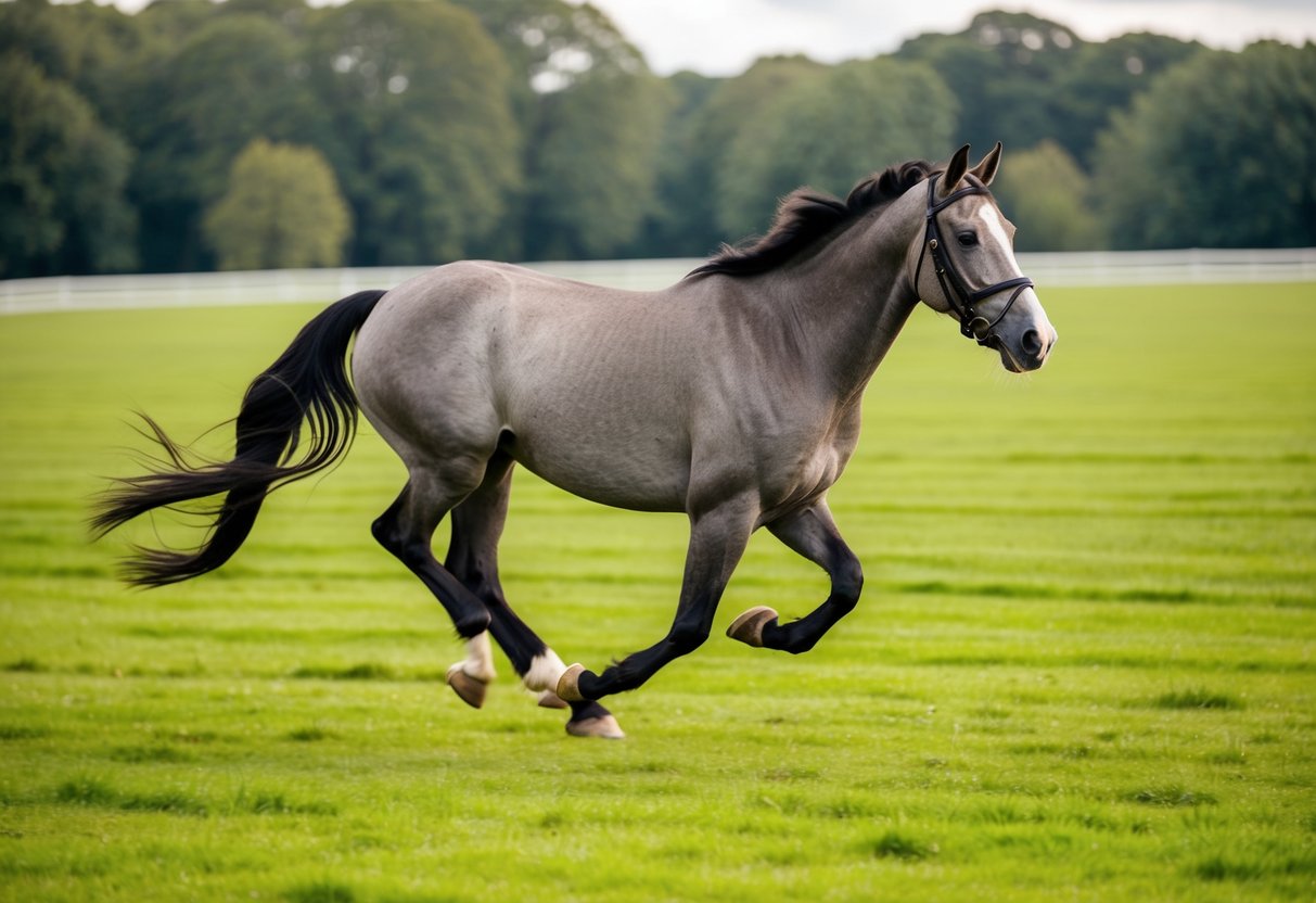A horse galloping through a lush green field at Hayfield Riding Centre