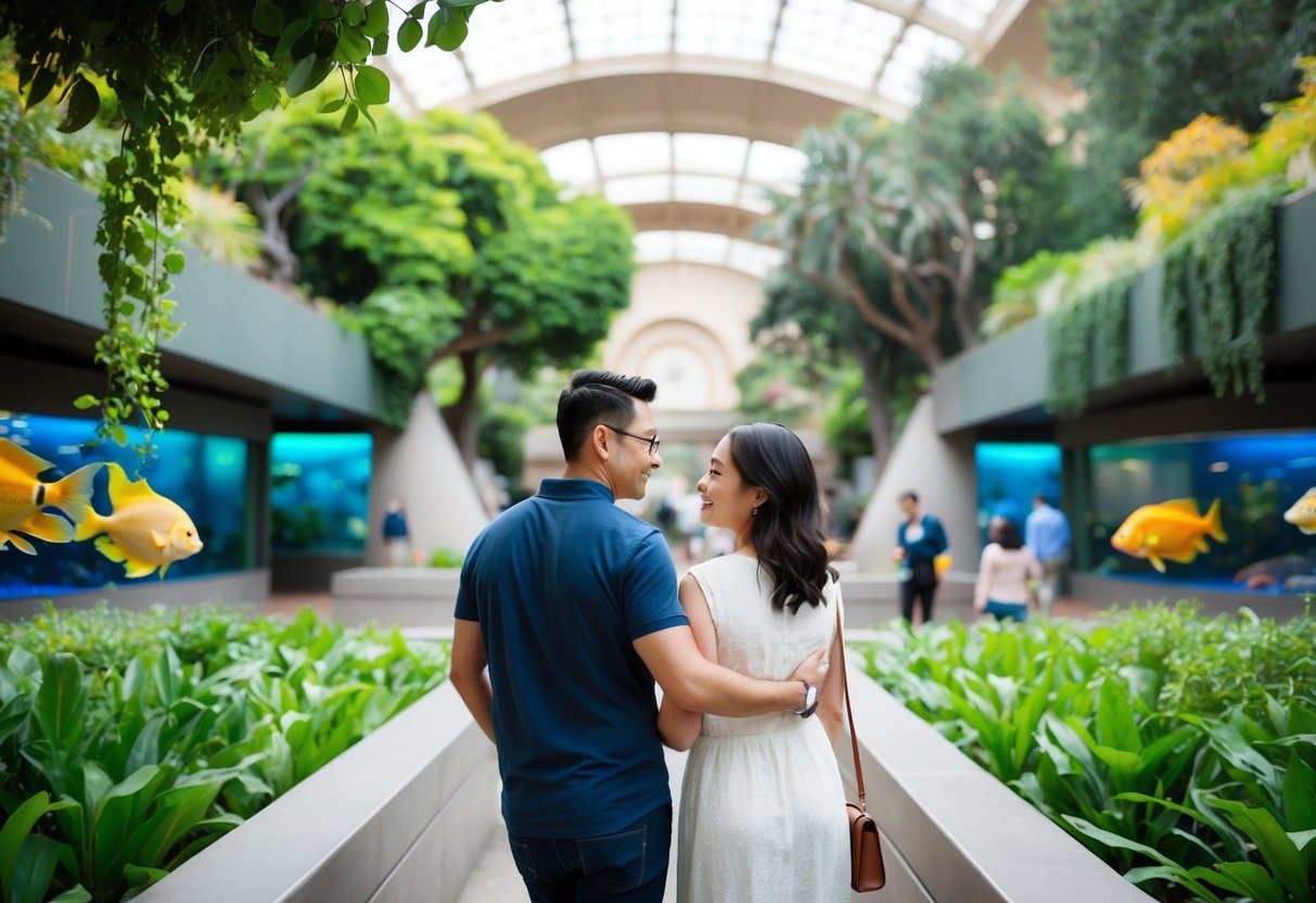 A couple explores the California Academy of Sciences, surrounded by lush greenery and colorful aquatic exhibits