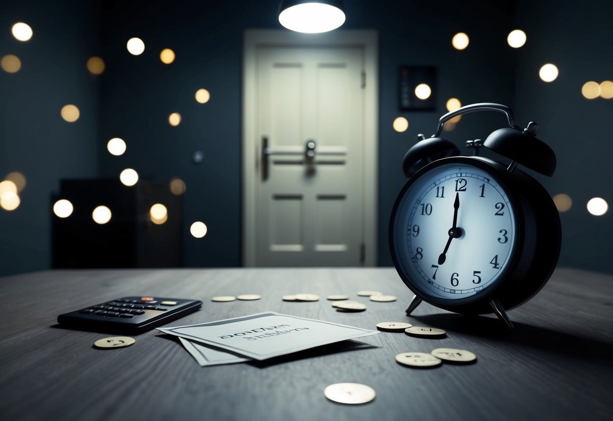 A dimly lit room with a locked door, scattered clues, and a countdown clock