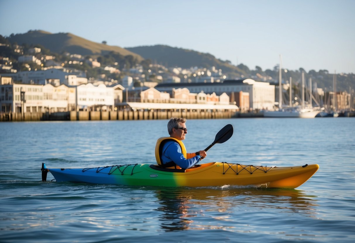 A colorful kayak glides through the calm waters of Sausalito, with the city's picturesque waterfront and rolling hills in the background