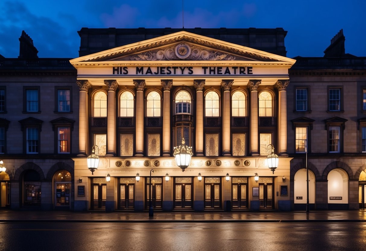 The grand facade of His Majesty's Theatre glows in the soft evening light, casting a warm and inviting ambiance for a romantic date in Aberdeen