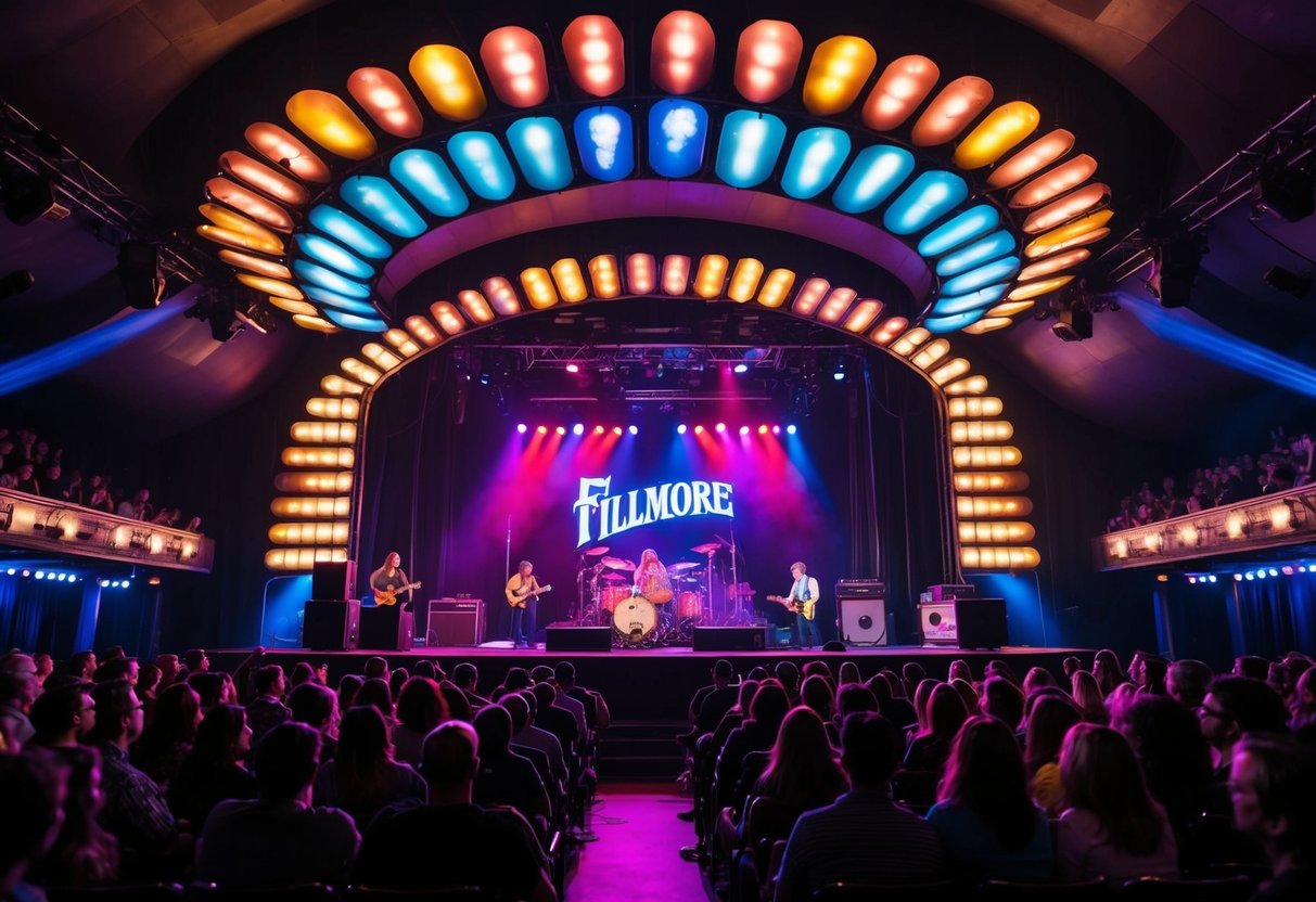 The Fillmore stage is bathed in colorful lights as the band plays, with the audience swaying to the music