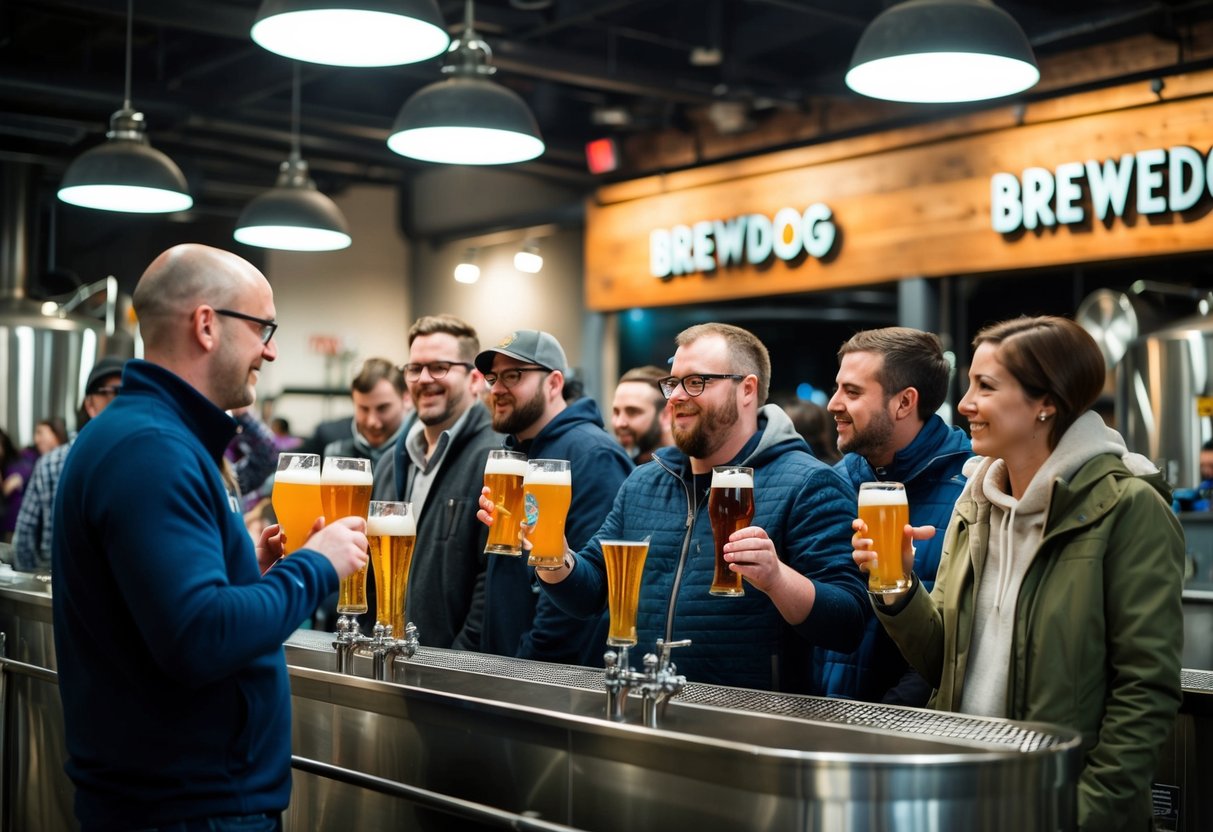 A bustling brewery tour at BrewDog in Aberdeen, with visitors sampling craft beers and observing the brewing process