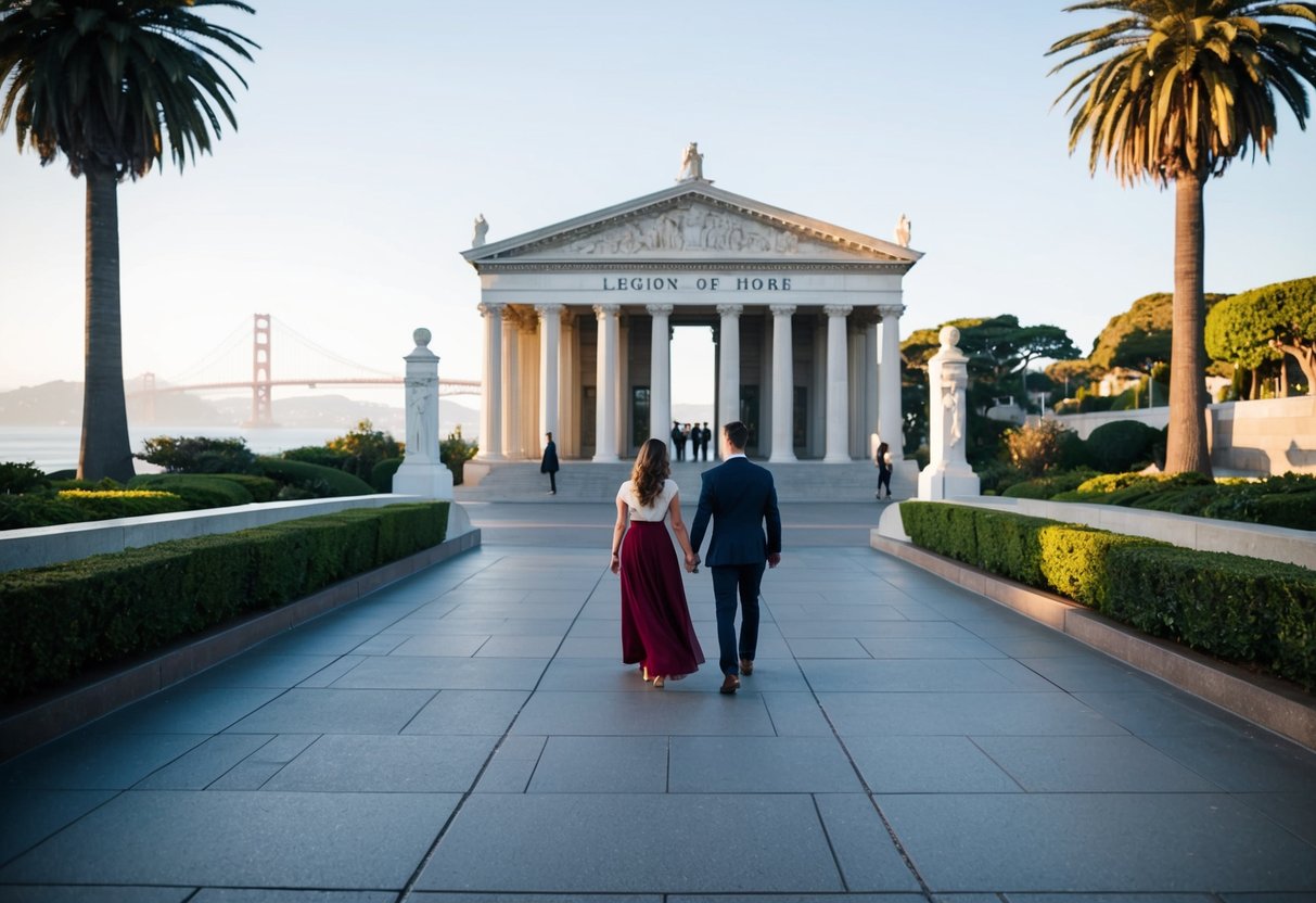 A couple walks through the grand entrance of the Legion of Honor, surrounded by lush greenery and overlooking the bay