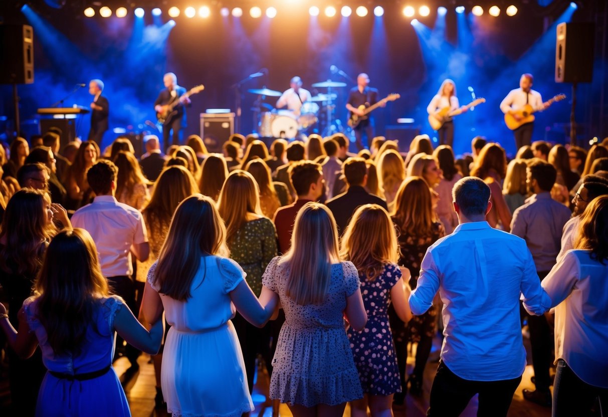 Crowd of people swaying and dancing in front of a brightly lit stage, with musicians performing live music in the background