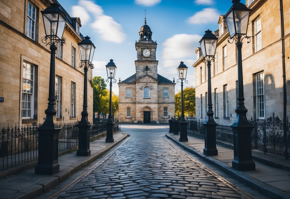 A historic stone building with a clock tower stands on a cobblestone street, surrounded by old street lamps and a wrought iron gate