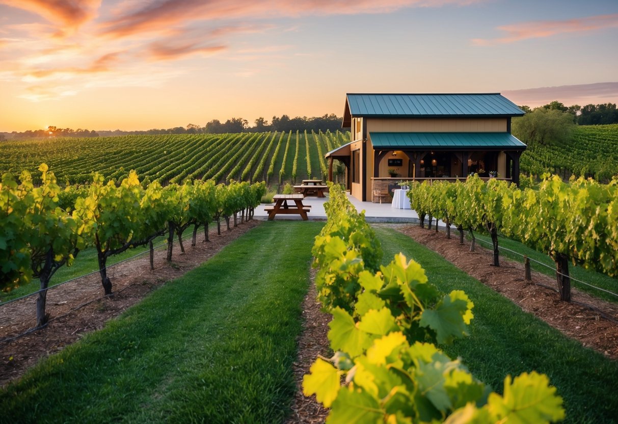 A beautiful vineyard with rows of grapevines, a rustic picnic area, and a charming wine tasting room