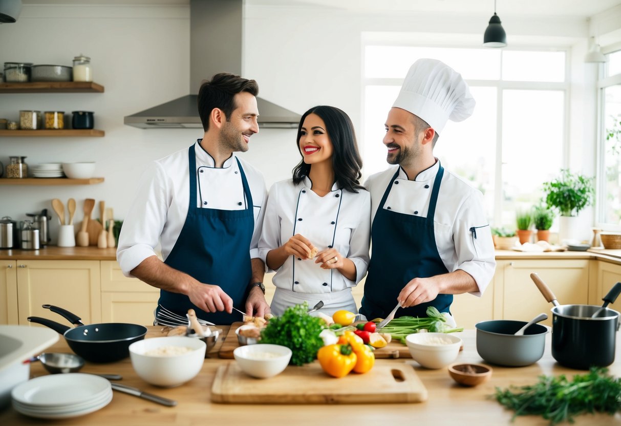 A couple in a cooking class, surrounded by ingredients, utensils, and a chef instructor in a bright and spacious kitchen