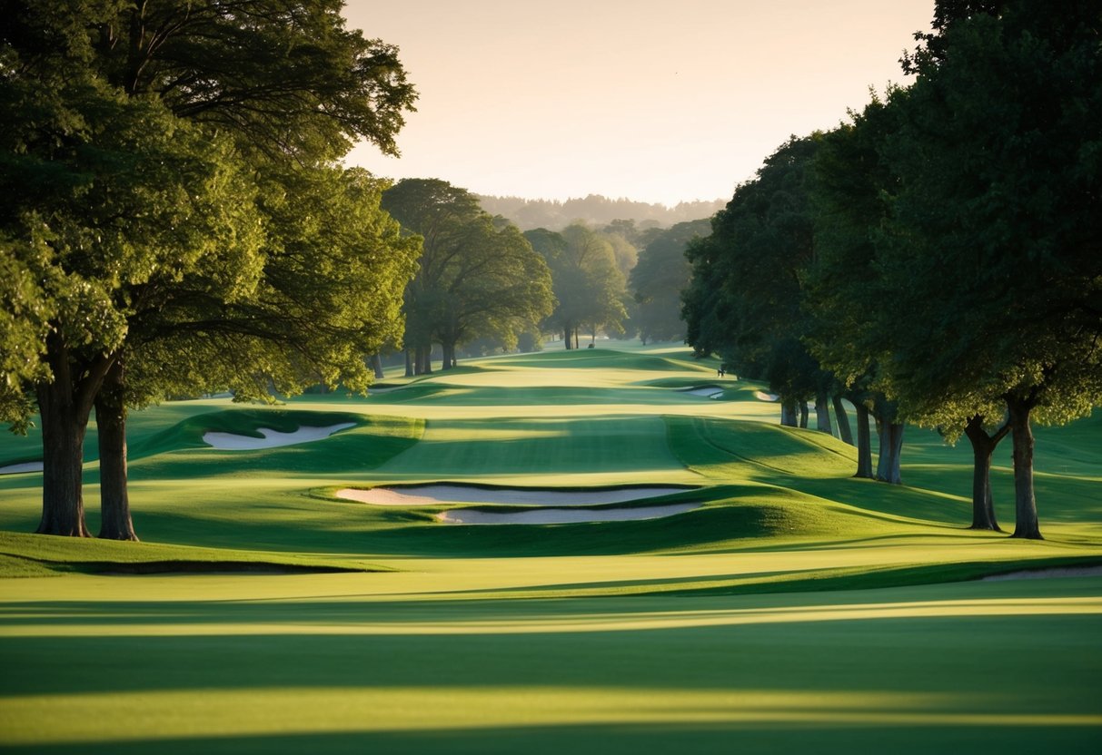 A serene golf course at Hazlehead Park, with rolling green fairways, lush trees, and a peaceful atmosphere