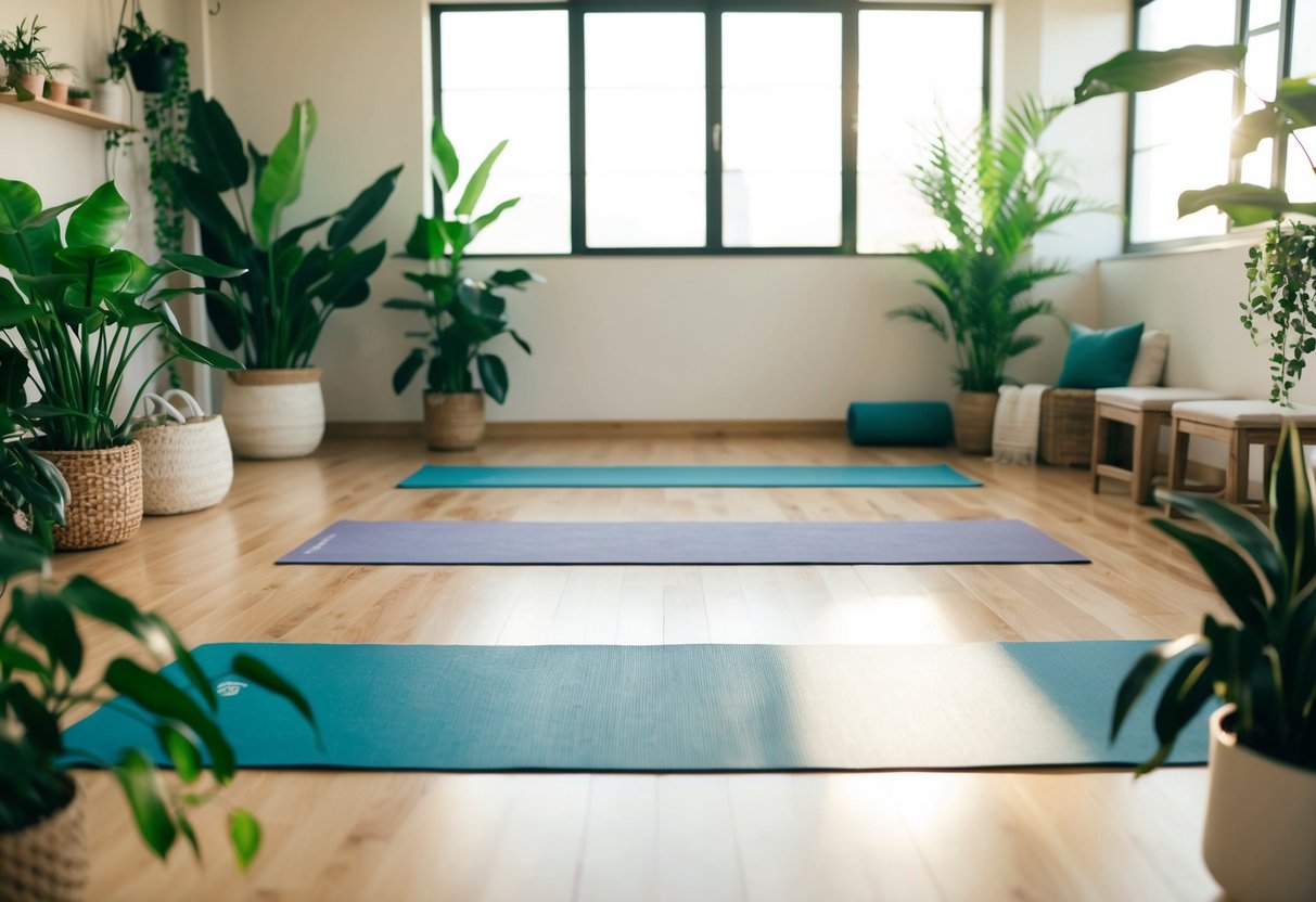 A serene yoga class at The Yoga Spot, with mats laid out in a spacious, sunlit studio, surrounded by lush green plants and calming decor