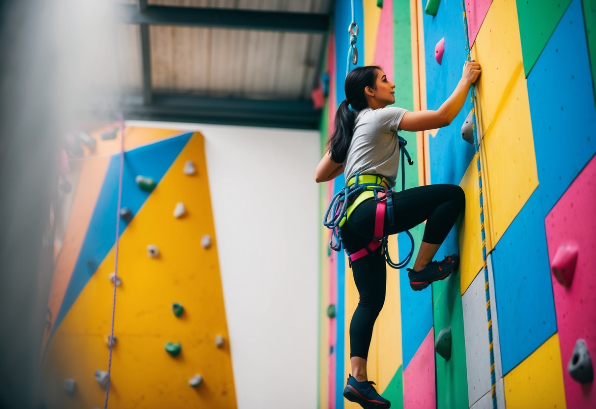 A figure ascending a colorful climbing wall at Transition Extreme with ropes and harness in a vibrant indoor setting