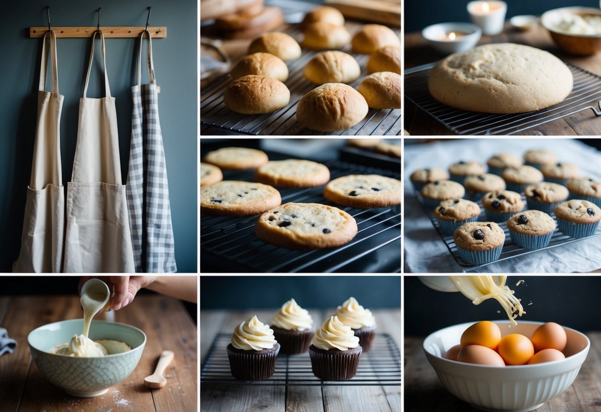 A: Aprons hanging on hooks, B: Bread dough rising, C: Cookies cooling on racks, D: Decorating cupcakes, E: Eggs cracking into a bowl