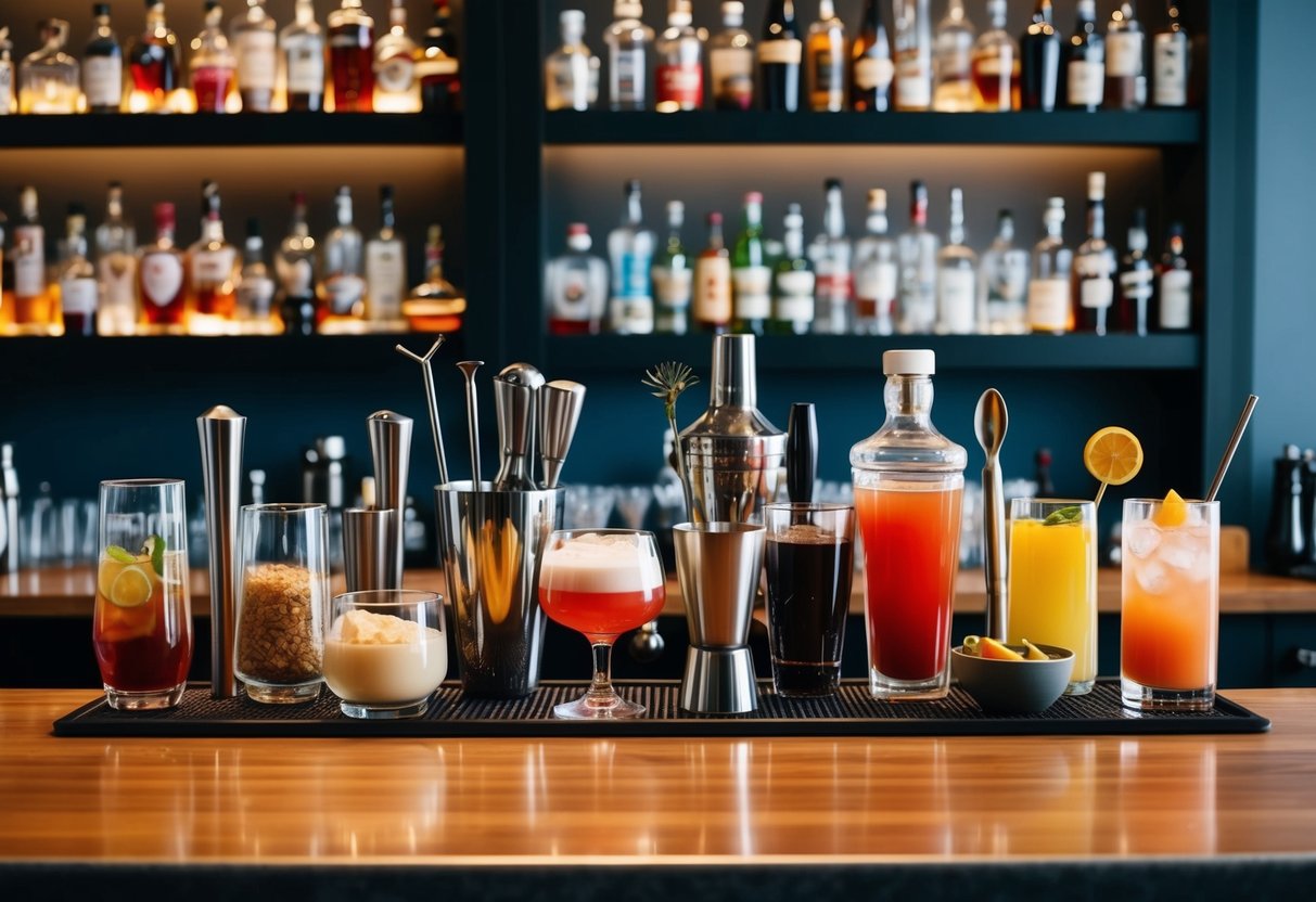 A bar set with various cocktail mixing tools and ingredients arranged in alphabetical order