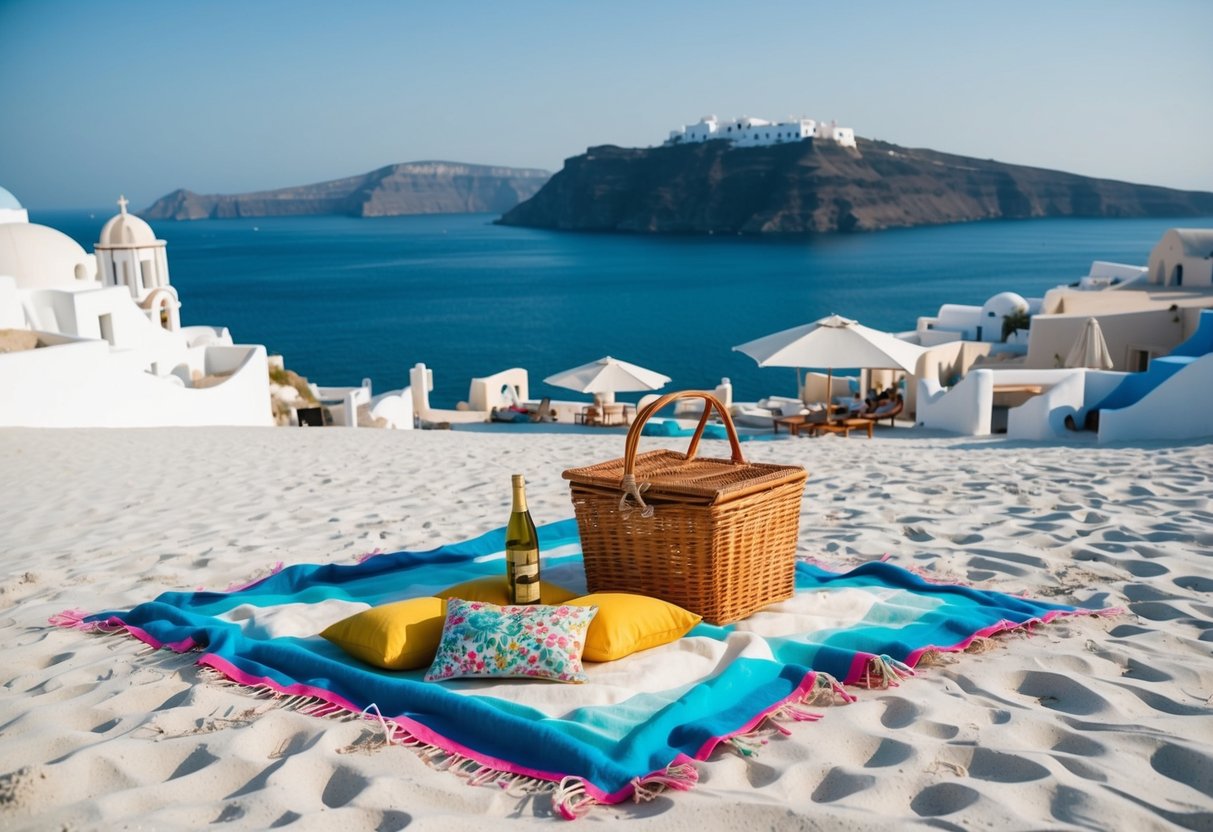 A beach picnic on the white sands of Santorini, with a colorful blanket, a wicker basket, and a view of the crystal blue sea and the iconic white buildings