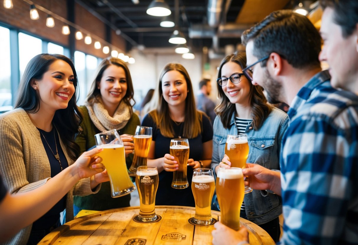 A group of people enjoying a craft brewery tour, sampling different beers and learning about the brewing process from a knowledgeable guide