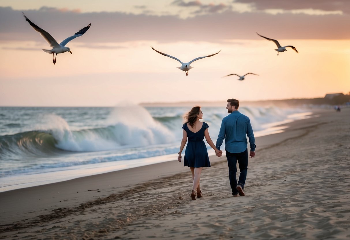 A couple strolls along the sandy shore, seagulls soaring above. Waves gently crash against the coastline as the sun sets in the distance