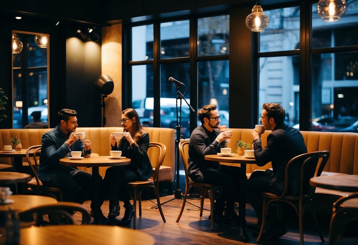 A cozy cafe with dim lighting and a stage set with a microphone and a small table for the poet. A few scattered tables with couples sipping coffee and listening intently