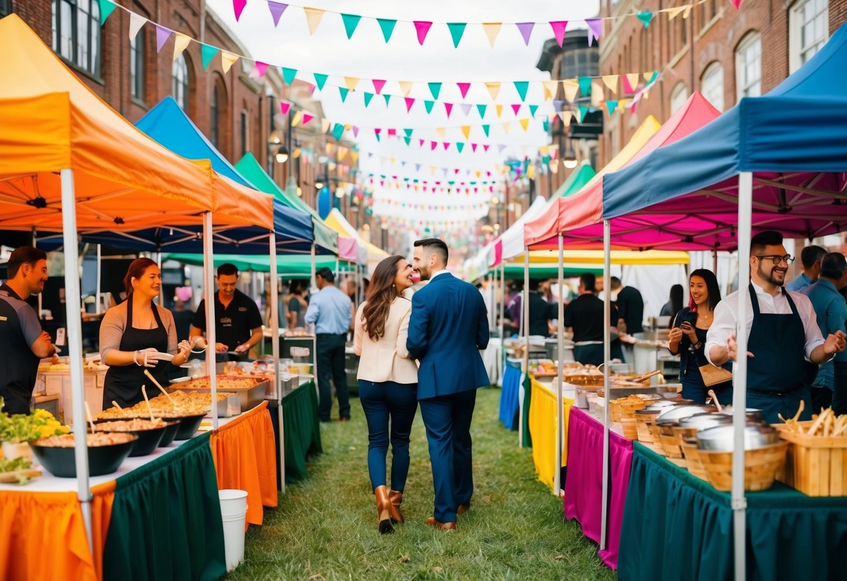A bustling food festival with colorful tents, a variety of food vendors, live music, and couples enjoying the array of culinary delights