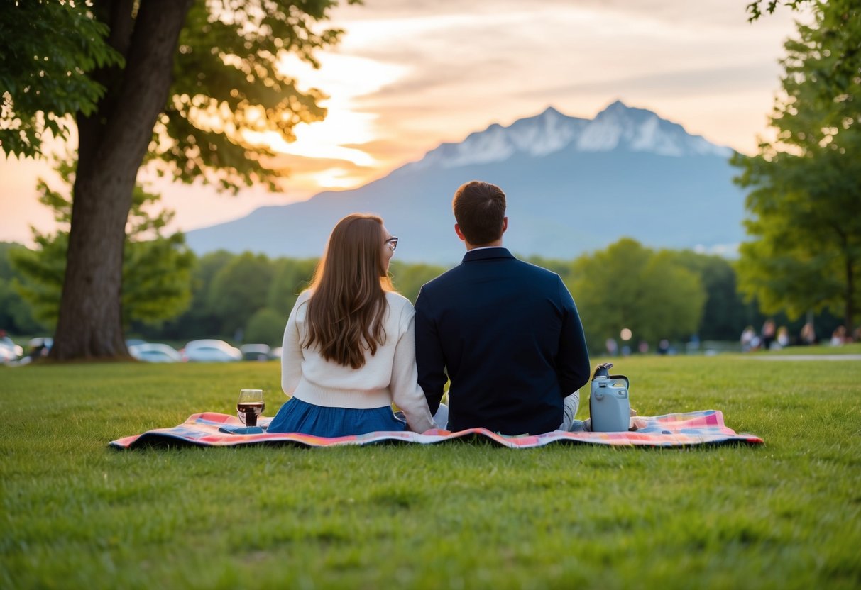 A couple sits on a blanket in a grassy park, surrounded by trees and a mountain backdrop, enjoying a picnic and watching the sunset
