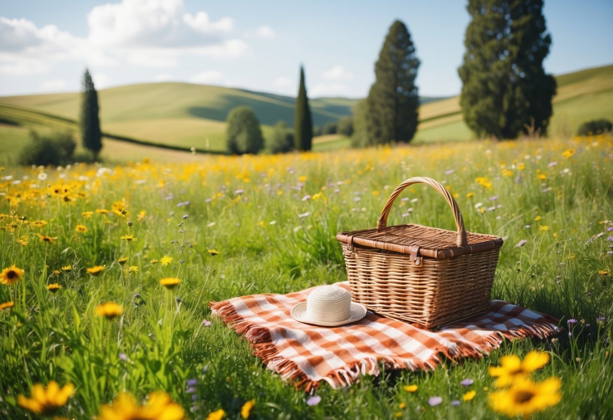 A sunny meadow with a checkered blanket, wicker basket, and scattered wildflowers, surrounded by rolling hills and towering trees