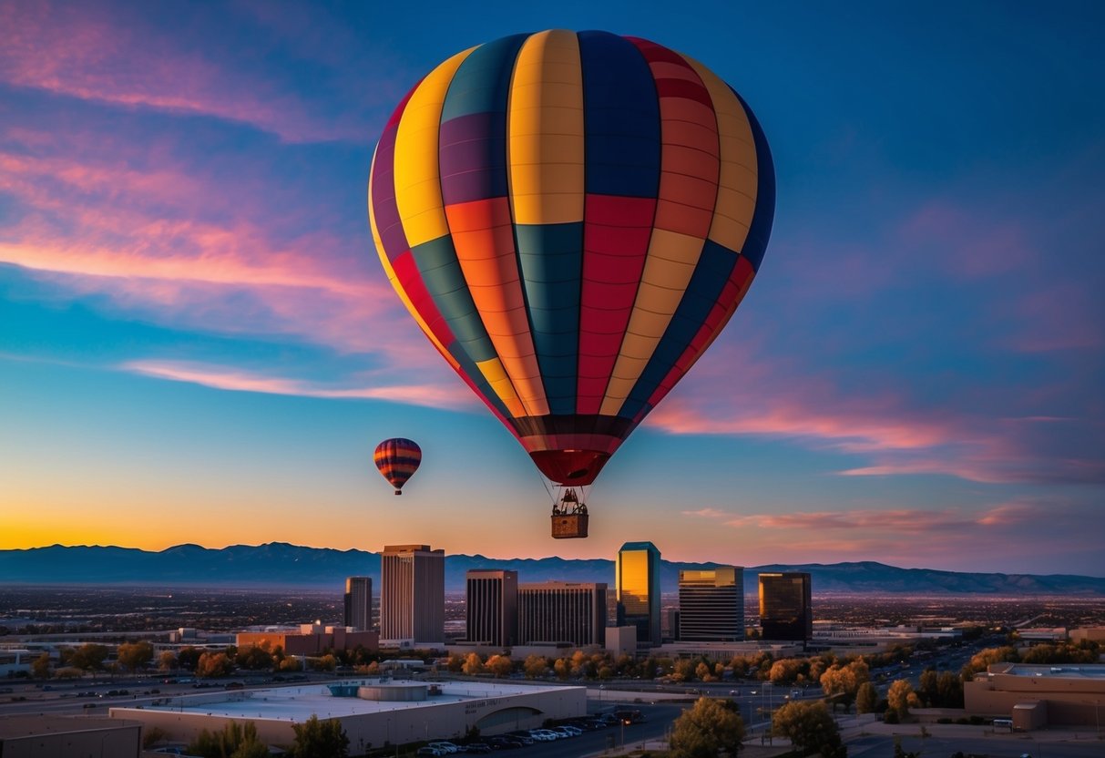 A colorful hot air balloon floats above the Albuquerque skyline at sunset, with the city and mountains in the background