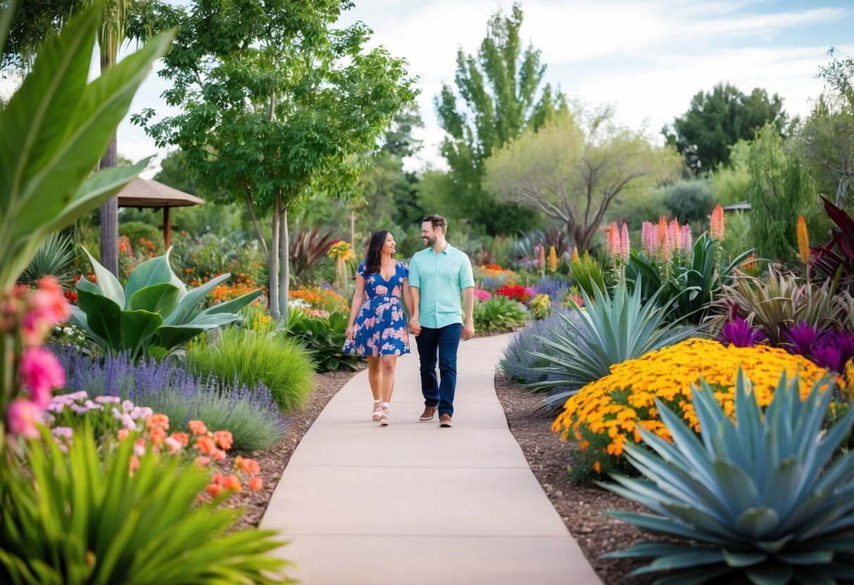 A couple walks through lush gardens at Albuquerque BioPark, surrounded by colorful flowers and exotic plants