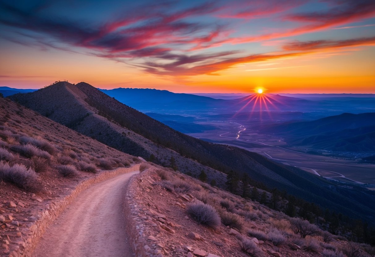 A winding mountain trail overlooks a vast valley below, with the Sandia Crest looming in the distance. The sun sets in a vibrant display of colors, casting a warm glow over the landscape