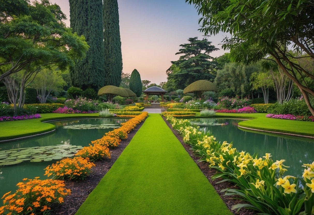 Lush garden path winds past vibrant flowers, serene ponds, and towering trees at ABQ BioPark Botanic Garden