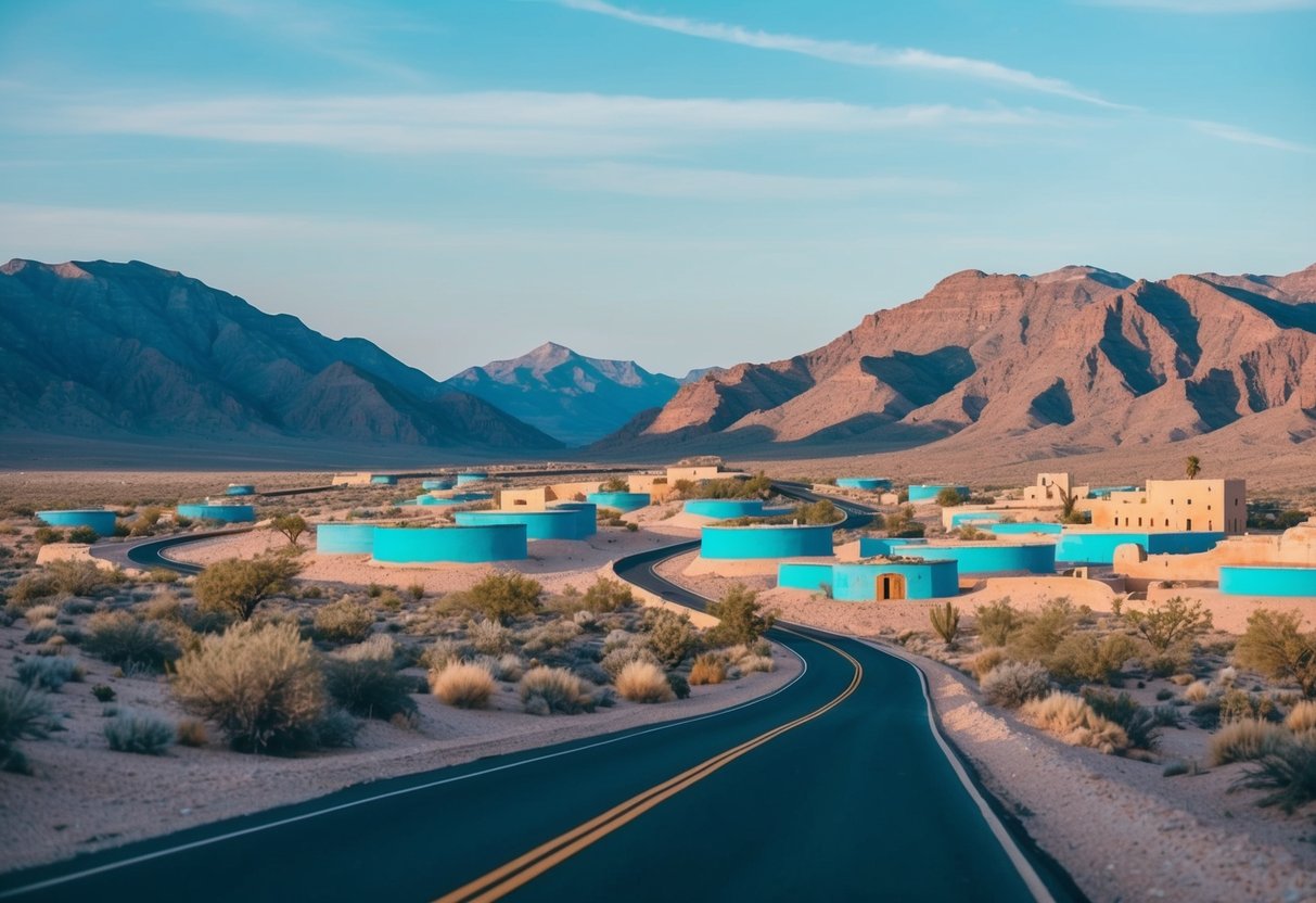 A winding road through desert mountains, dotted with turquoise mines and adobe buildings, under a clear blue sky