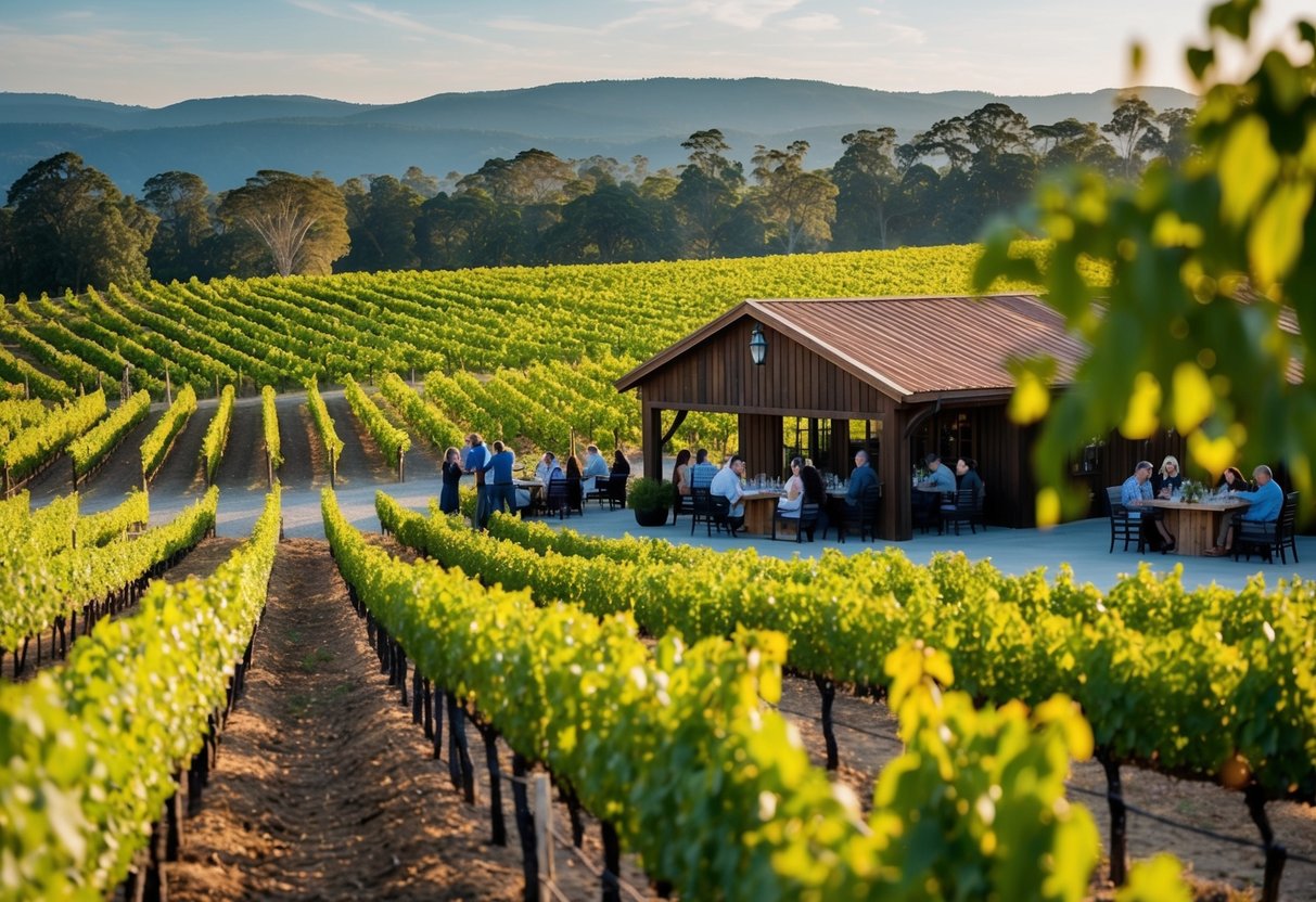 A picturesque vineyard with rows of grapevines, a rustic tasting room, and a group of people enjoying wine tastings at Gruet Winery