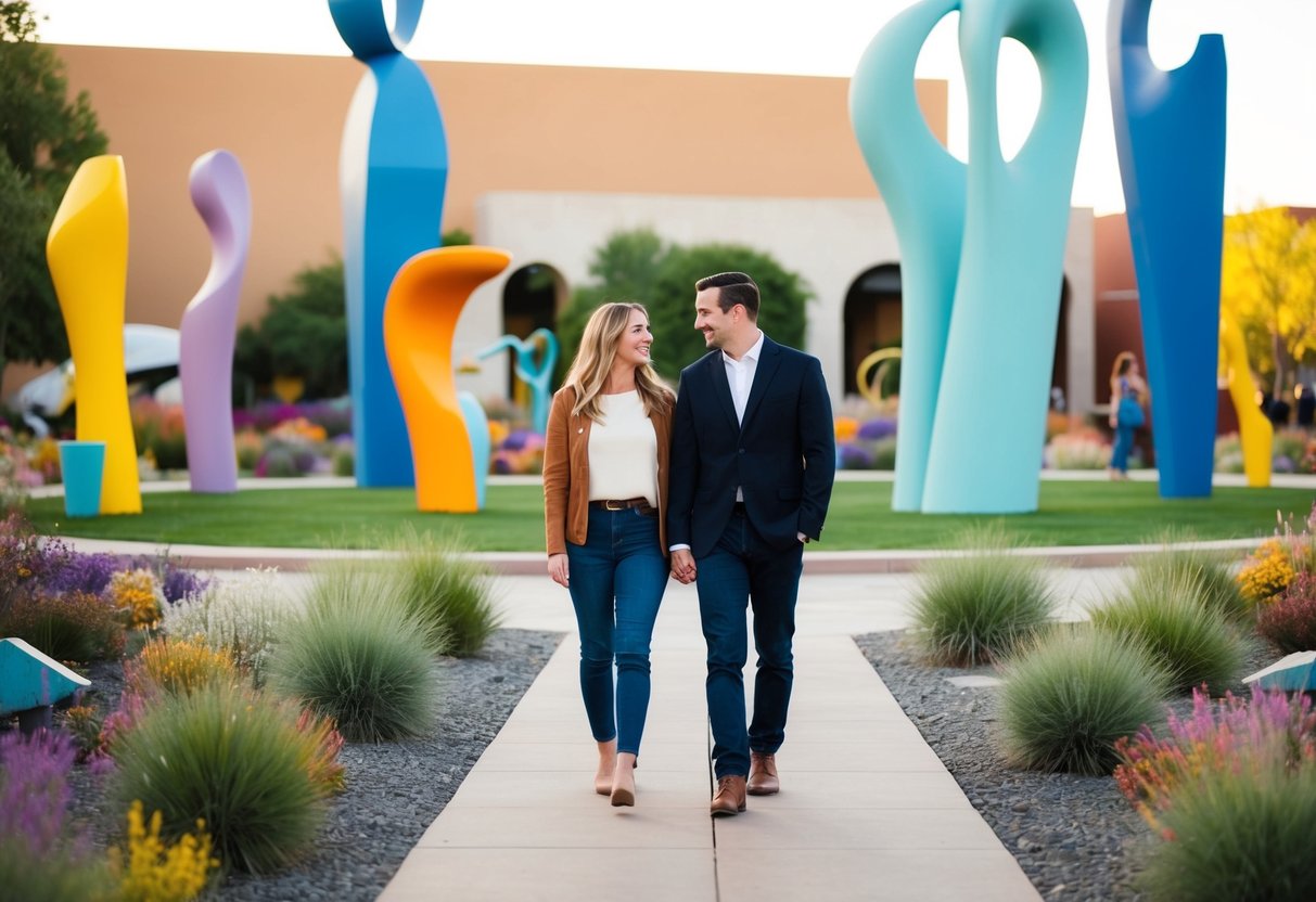 A couple strolling through the sculpture garden at the Albuquerque Museum, surrounded by colorful and unique art pieces