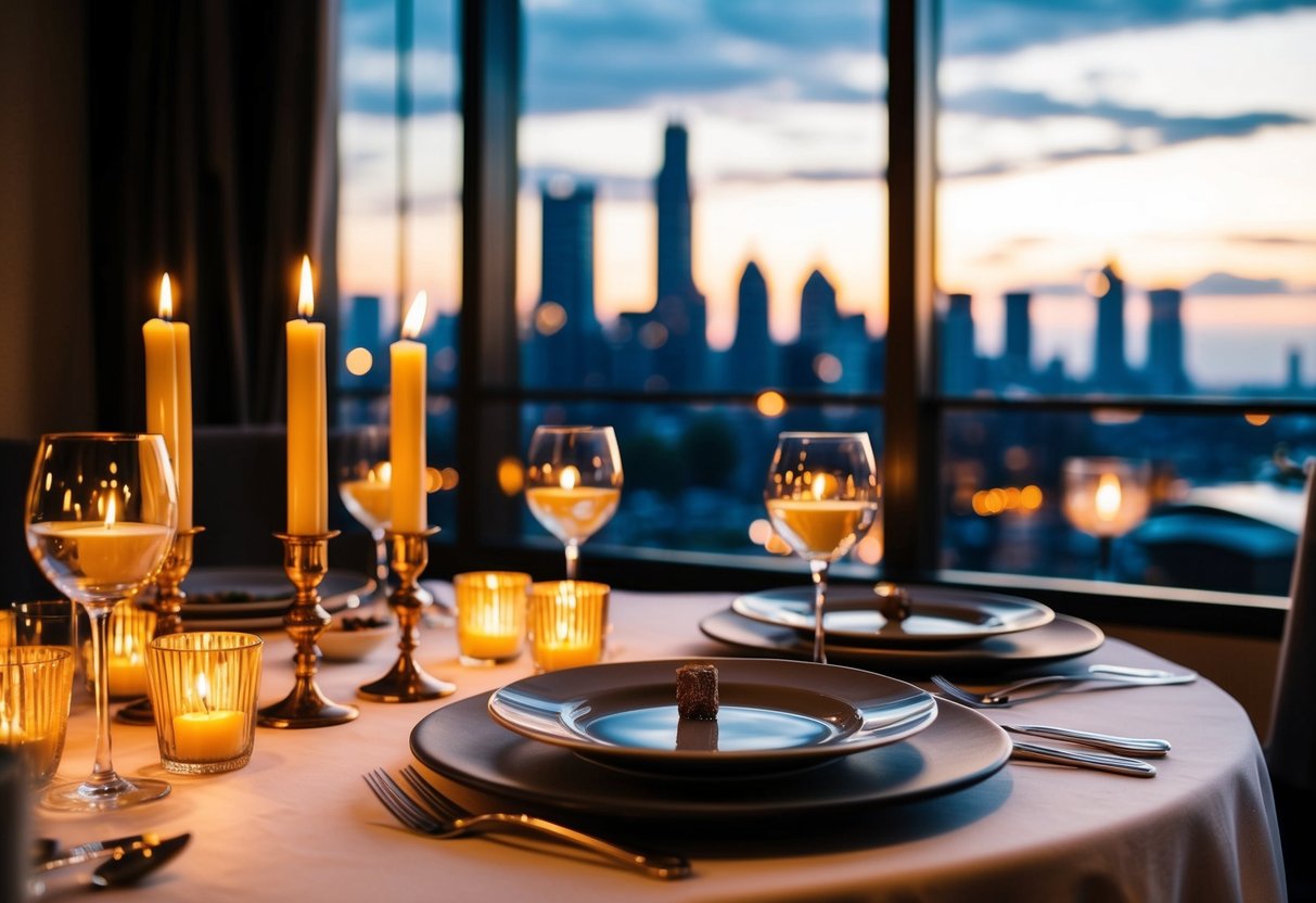A cozy table set with candles and fine dinnerware at Antiquity Restaurant, with a view of the city skyline through the window