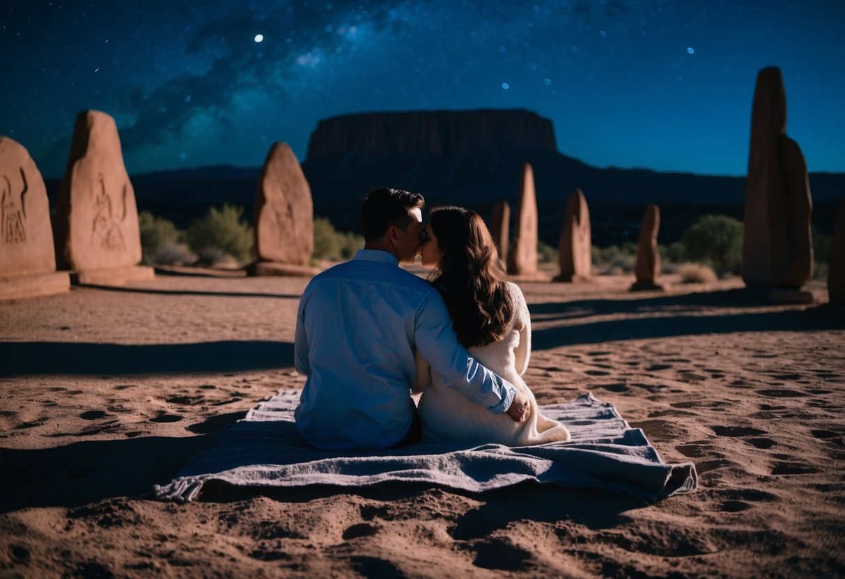 A couple sits on a blanket under the night sky at Petroglyph National Monument, surrounded by ancient rock carvings and the silhouette of the Sandia Mountains