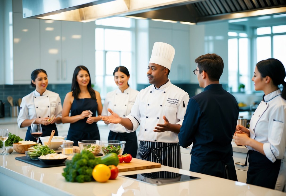 A chef instructs a small group in a bright, spacious kitchen. Ingredients and utensils are neatly arranged on the counter