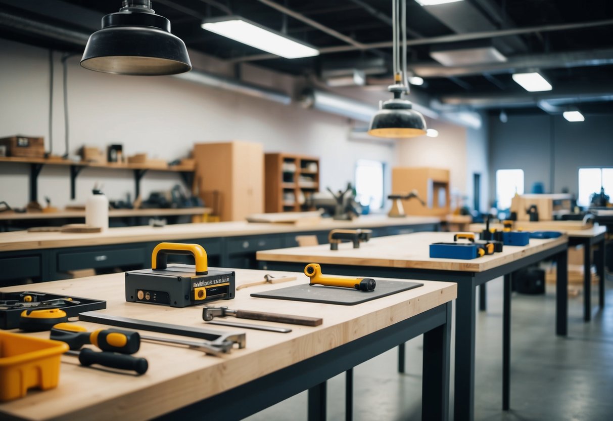 Workshop scene with tools, workbenches, and creative projects at Maker's Space Albuquerque